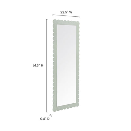 Tall full-length mirror with a scalloped sage-green frame; measures 61.3 in high, 22.5 in wide, 0.6 in deep.