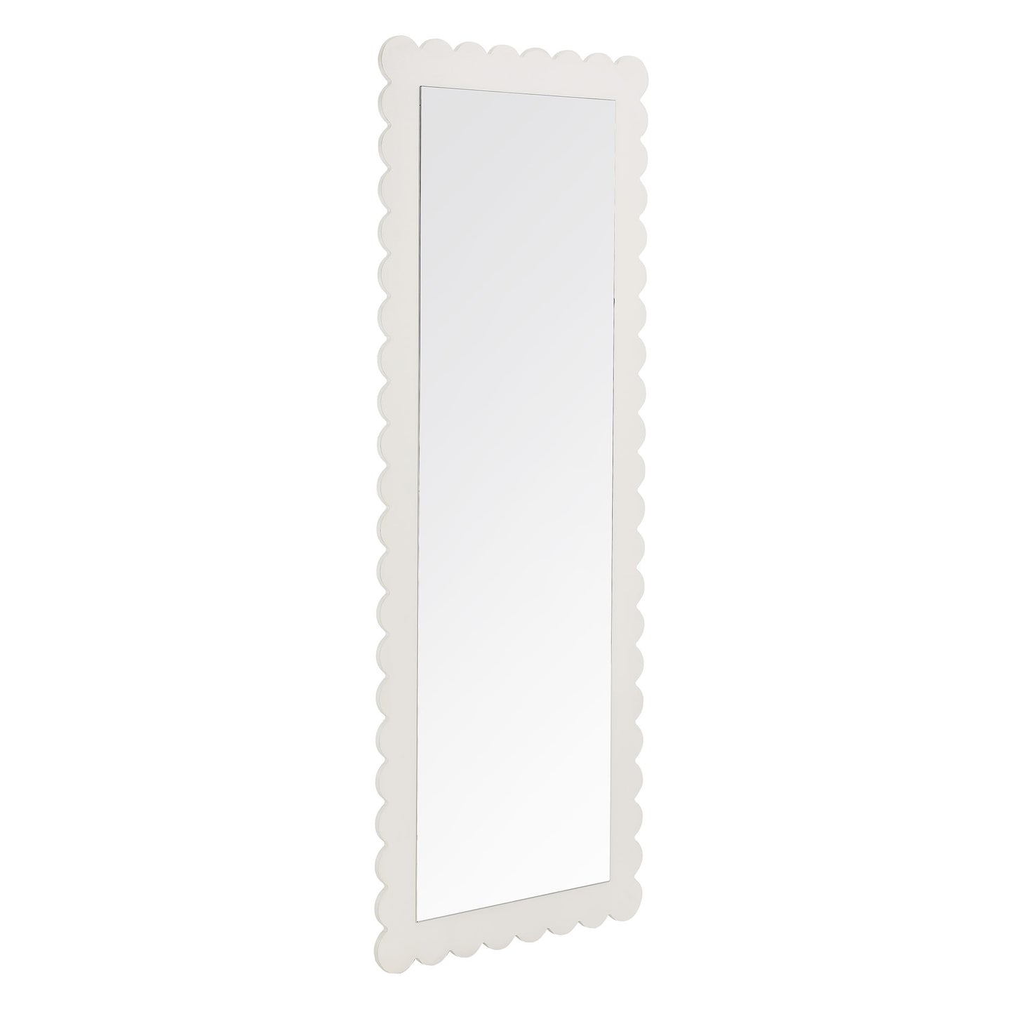White scalloped-edge full-length floor mirror with slim frame; decorative vintage style.