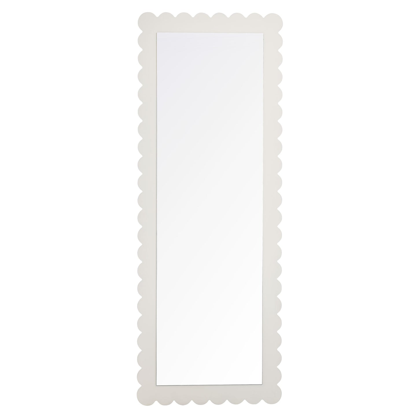 Tall rectangular white floor mirror with a scalloped-edge frame.