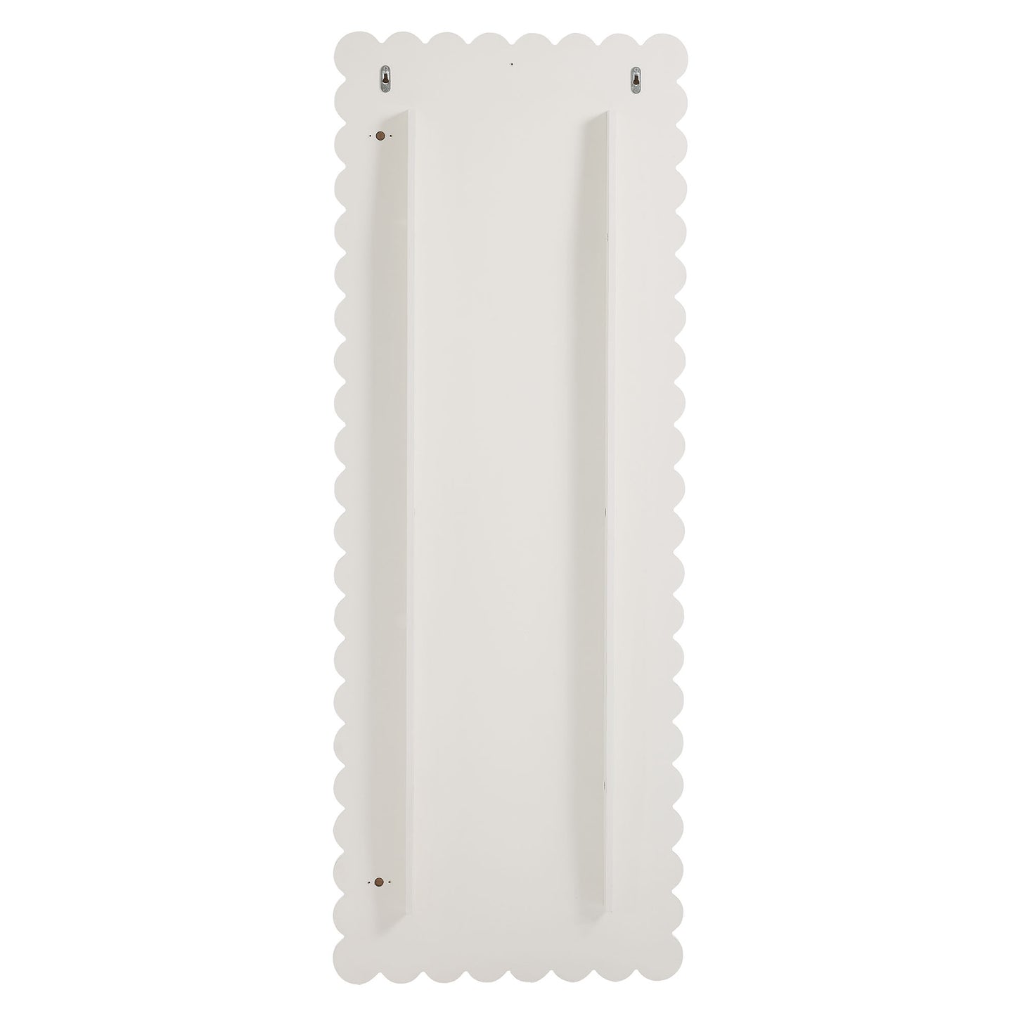 White scalloped-edge rectangular floor mirror with two vertical inner rails.
