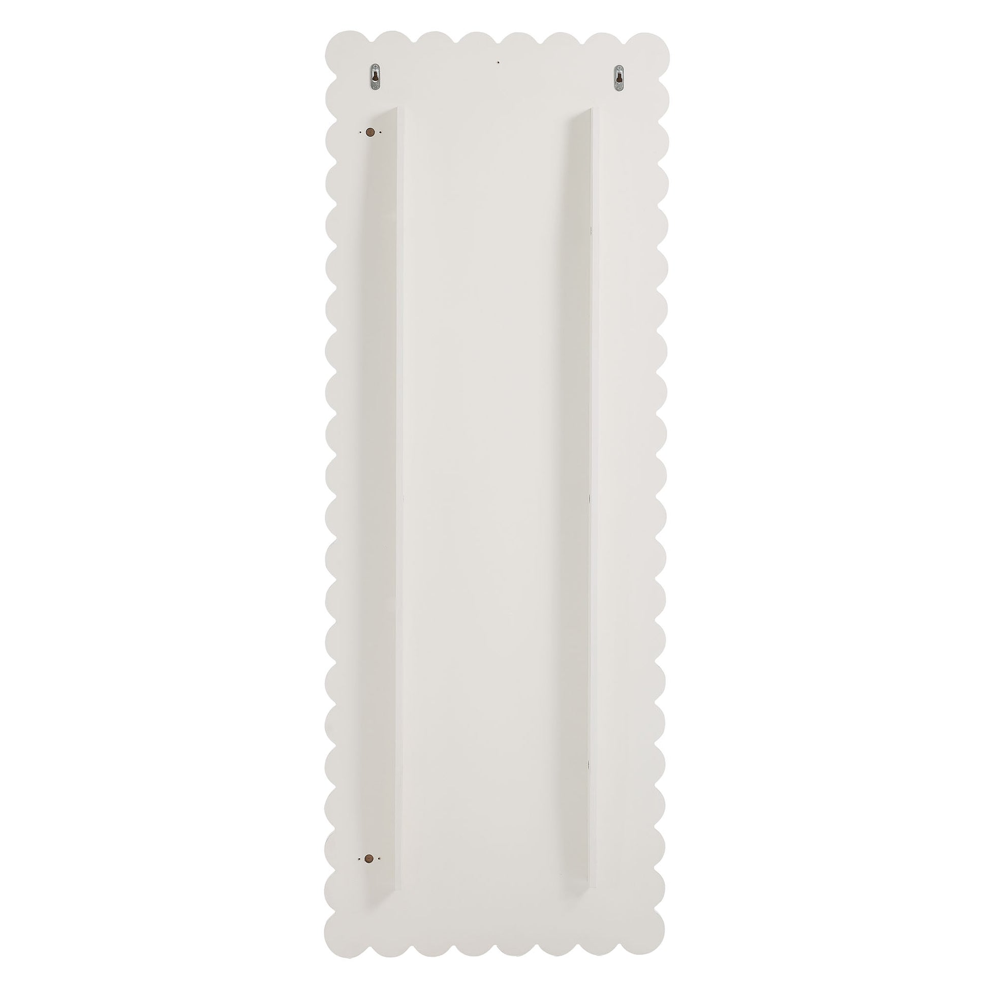 White scalloped-edge rectangular floor mirror with two vertical inner rails.