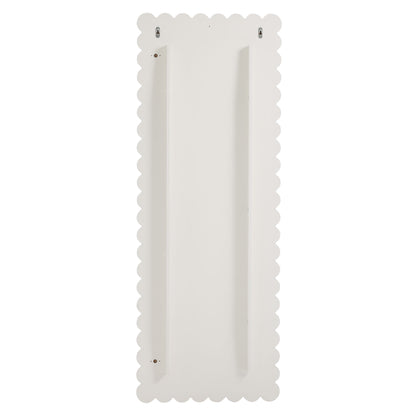 White scalloped-edge rectangular floor mirror with two vertical inner rails.