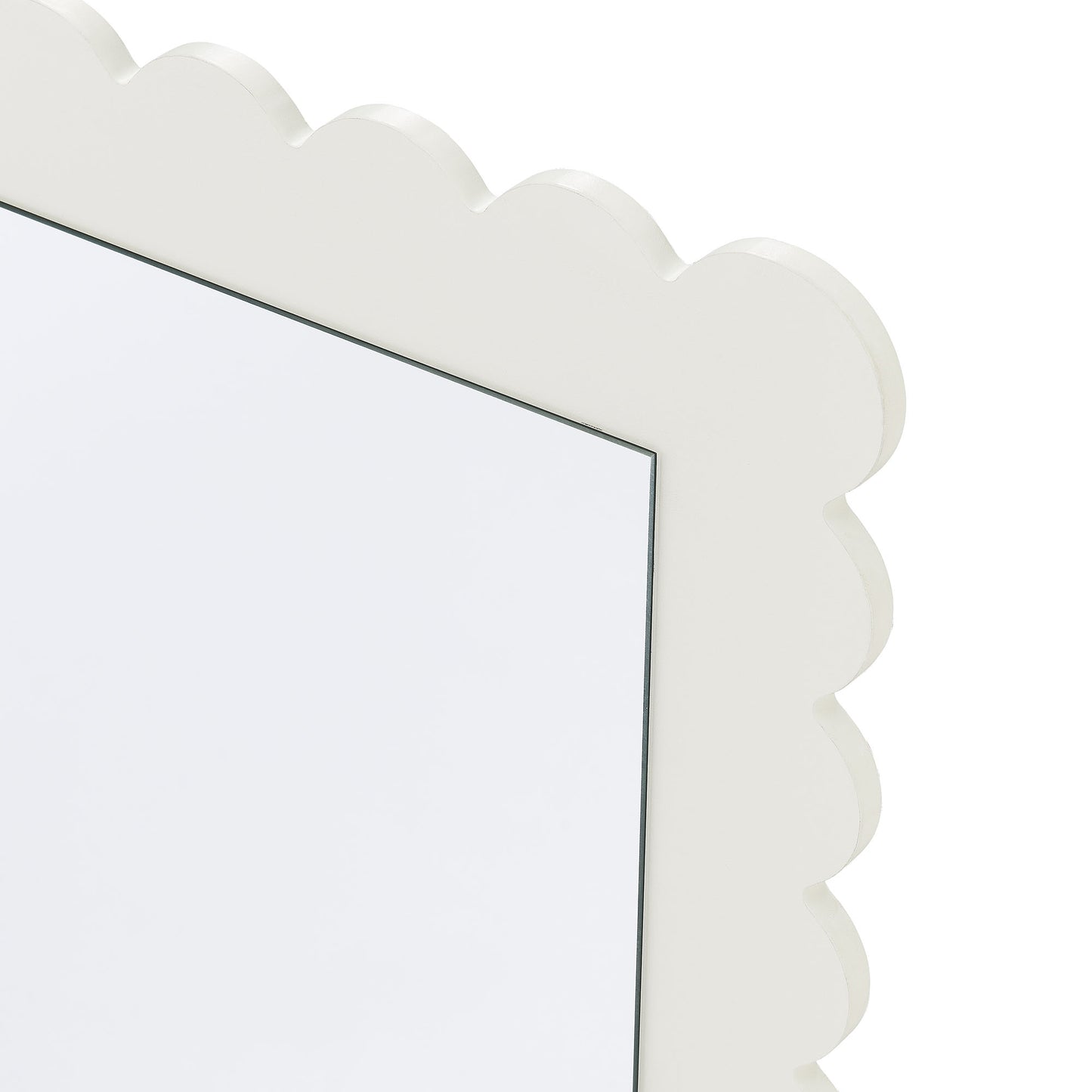 White scalloped-edge wooden-frame rectangle floor mirror.