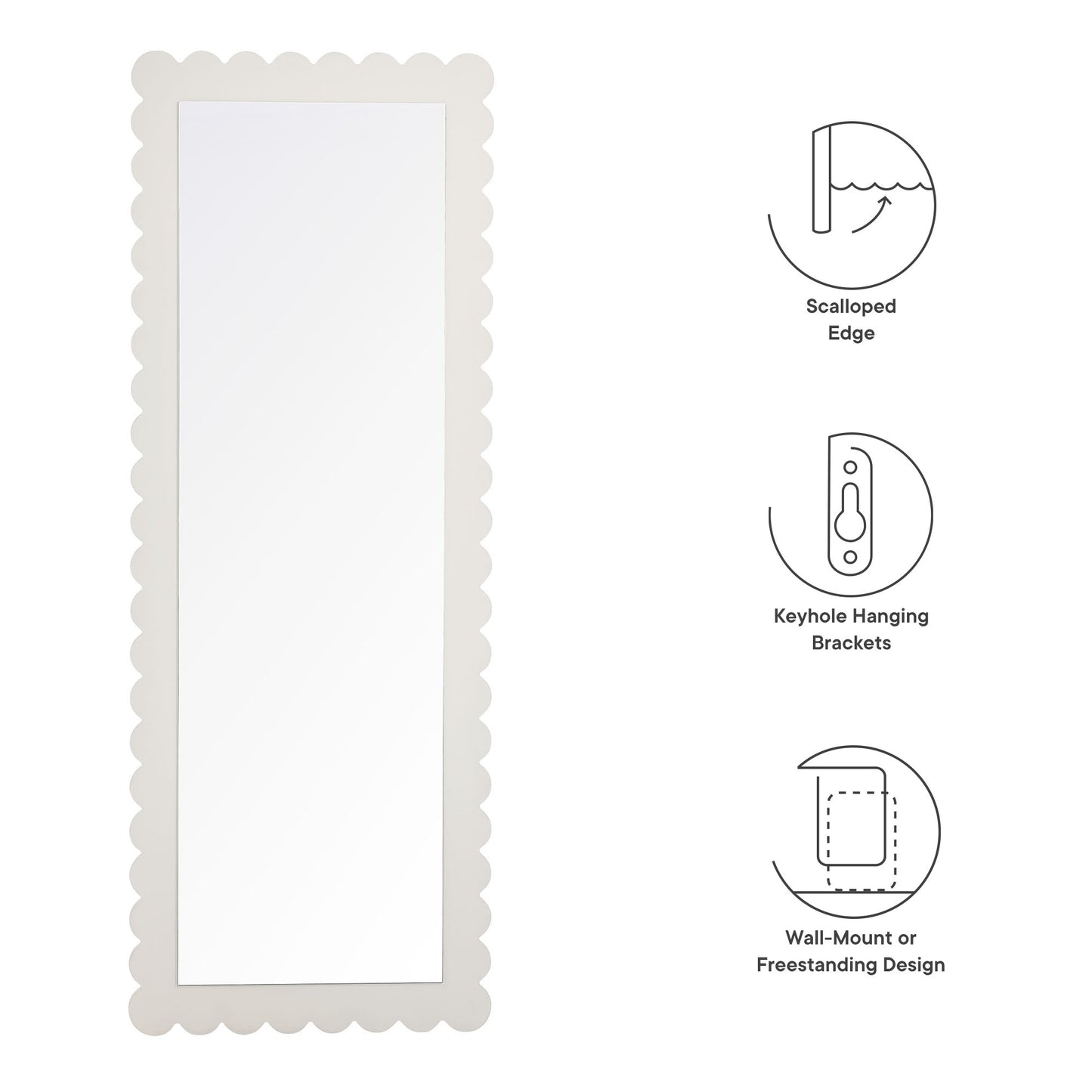 Rectangular floor mirror with a scalloped white frame and reflective glass; freestanding.