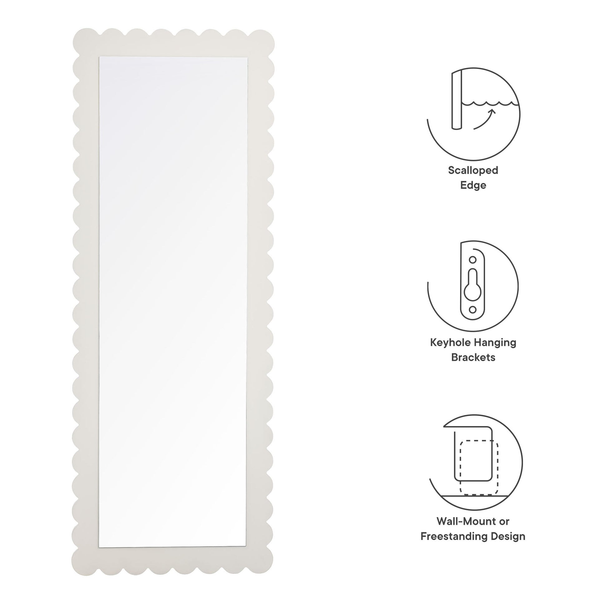 Rectangular floor mirror with a scalloped white frame and reflective glass; freestanding.