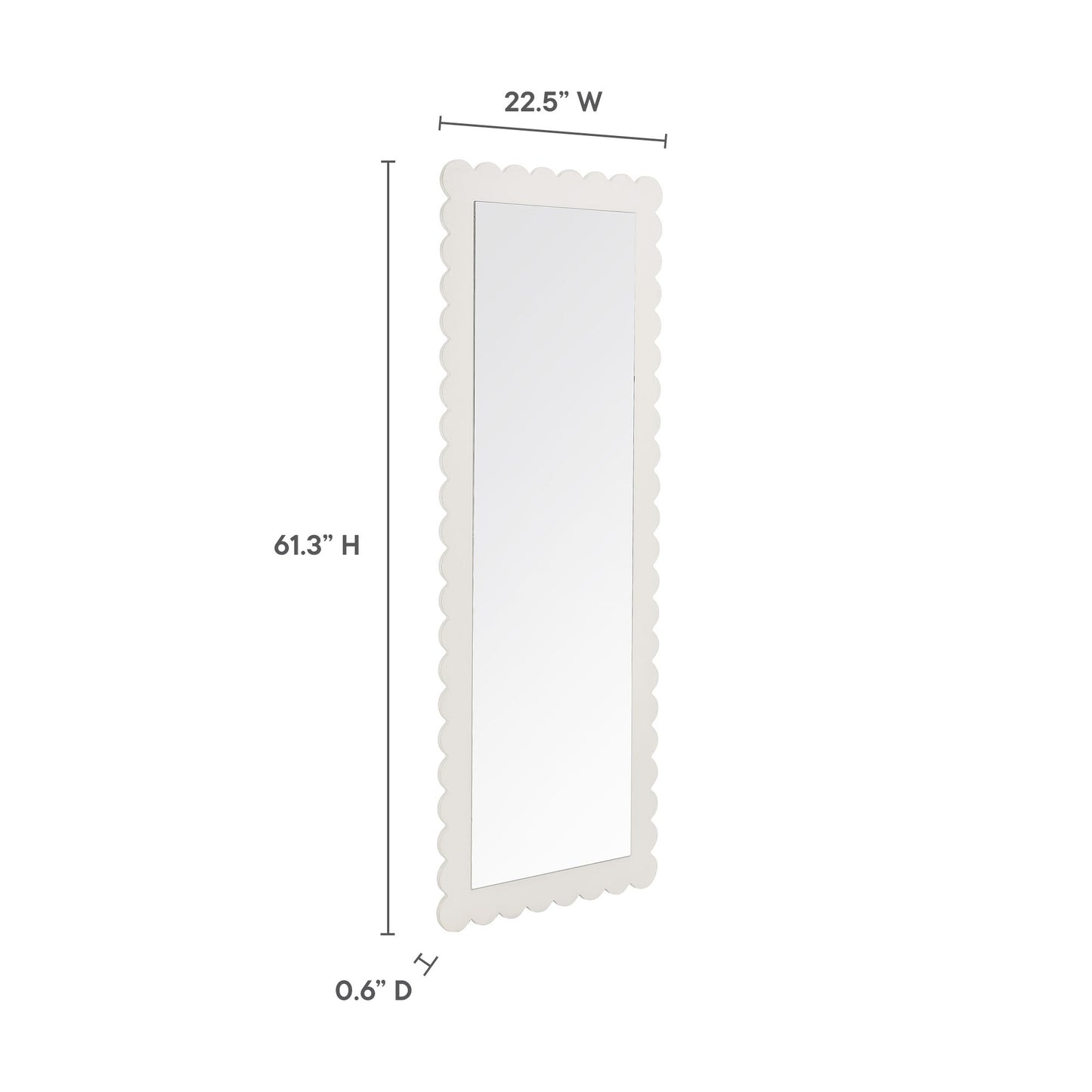 Tall white scalloped-edge rectangle floor mirror, 61.3"H x 22.5"W, 0.6"D.