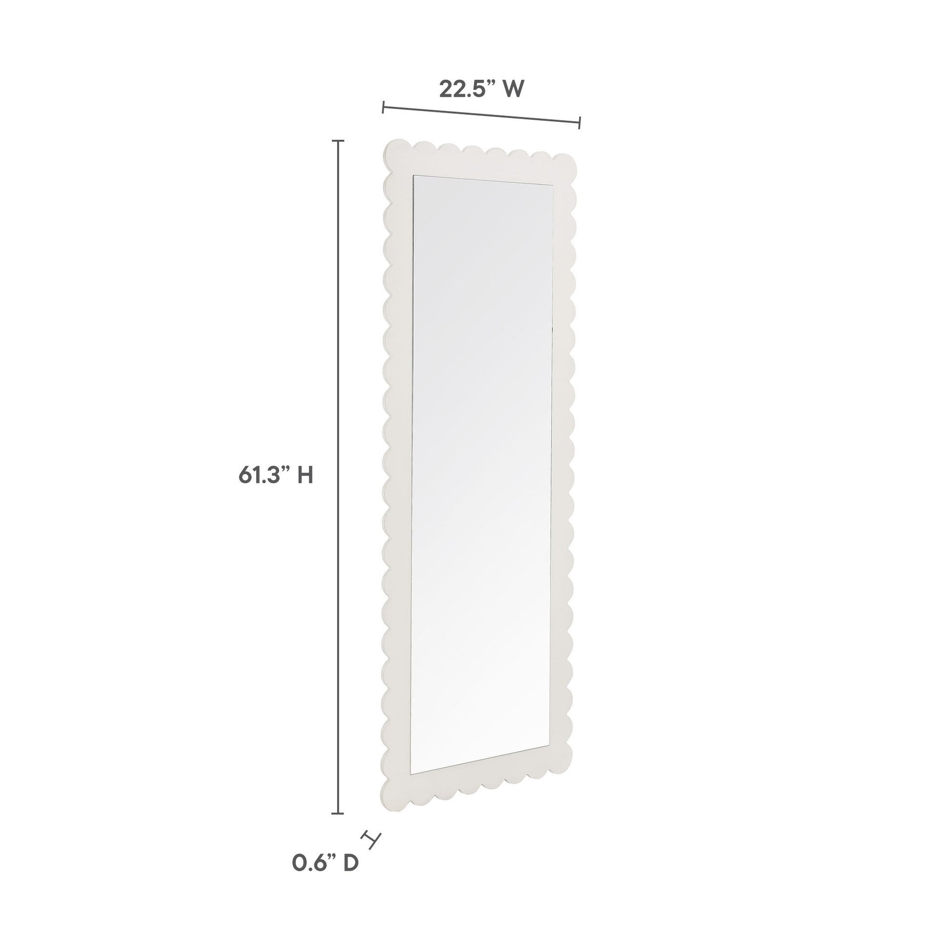 Tall white scalloped-edge rectangle floor mirror, 61.3"H x 22.5"W, 0.6"D.