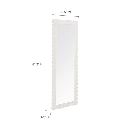 Tall white scalloped-edge rectangle floor mirror, 61.3"H x 22.5"W, 0.6"D.