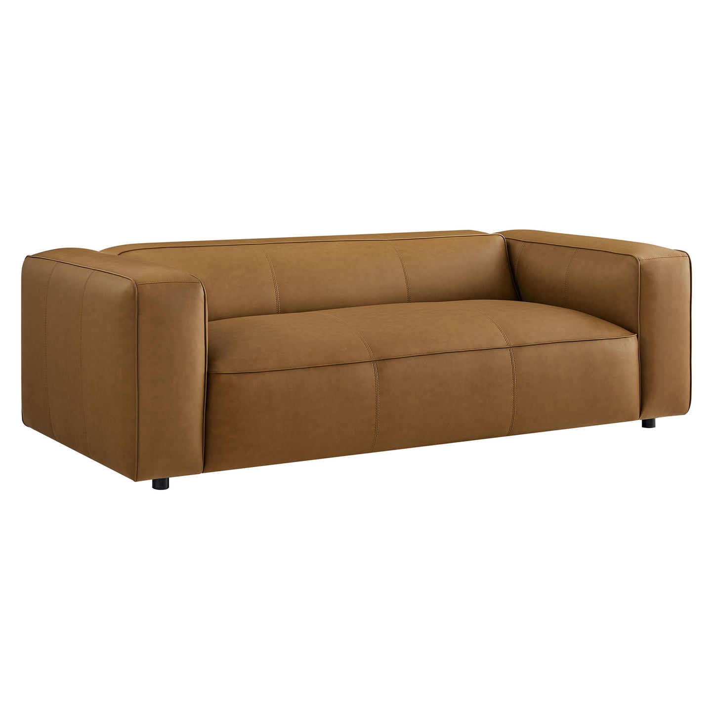 Brown vegan leather sofa with boxy arms and tufted cushions, low-profile legs, modern contemporary style.