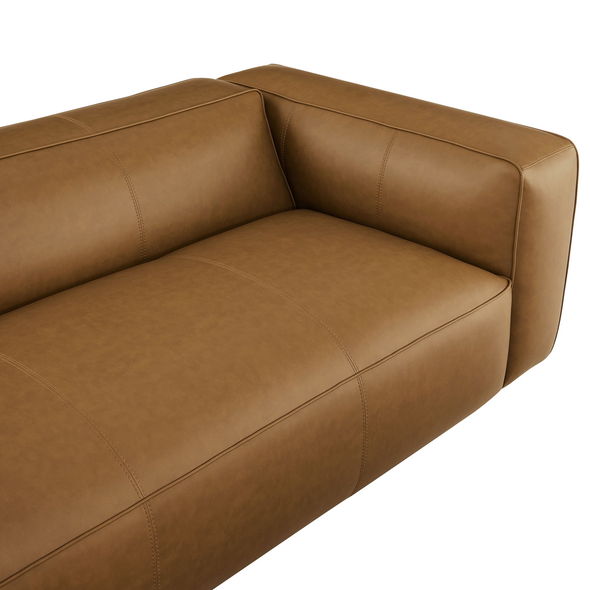 Brown vegan leather sofa with squared armrests and stitched seat and back panels.