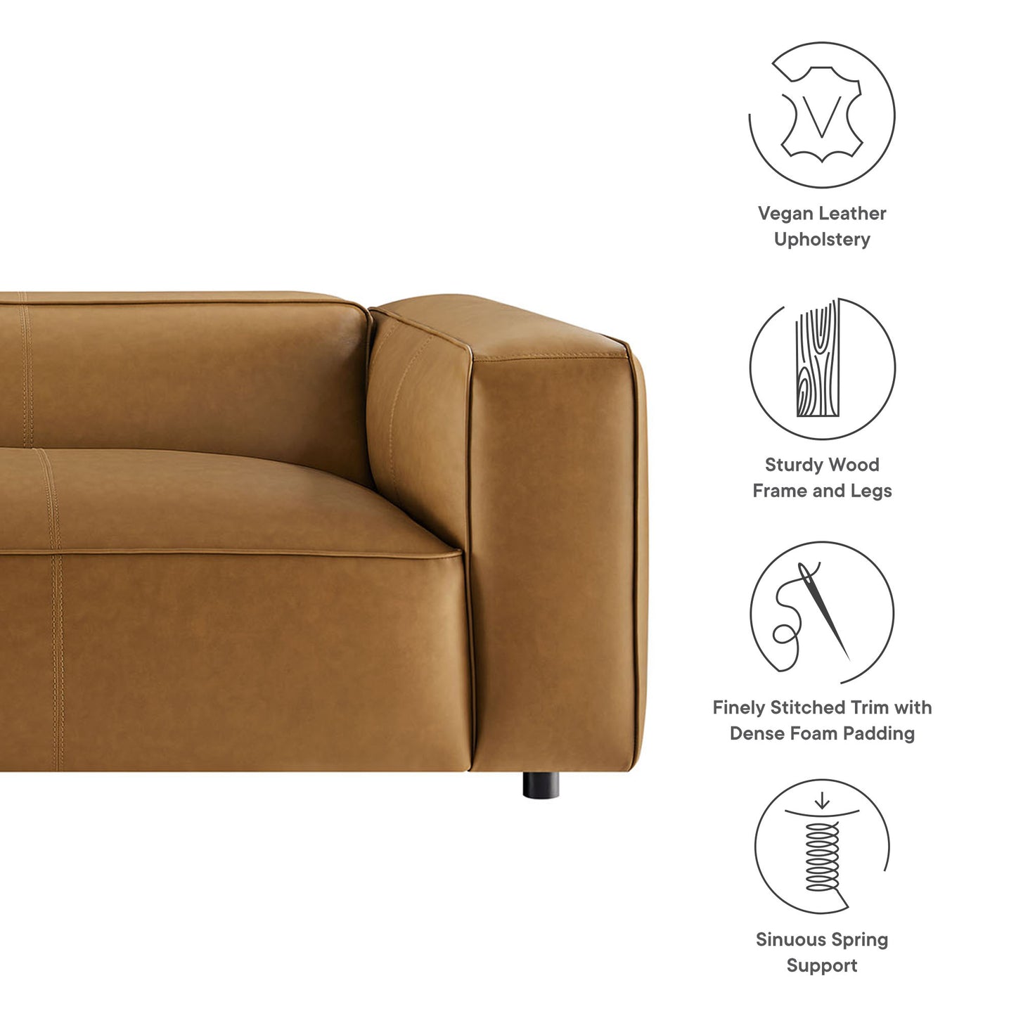 Tan vegan leather sofa with sturdy wood frame and legs, fine stitched trim, dense foam padding, sinuous spring support.