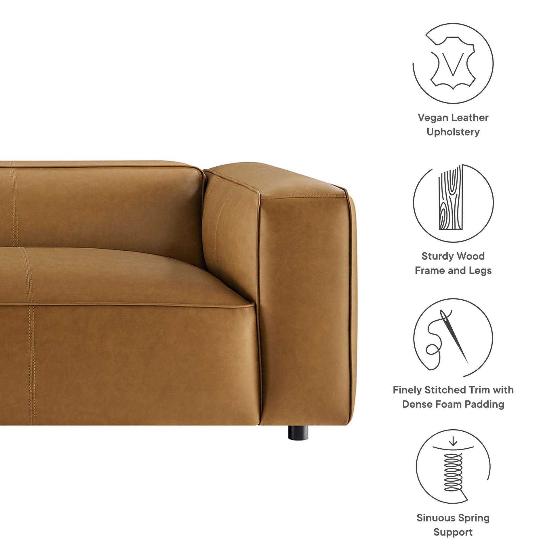 Tan vegan leather sofa with sturdy wood frame and legs, fine stitched trim, dense foam padding, sinuous spring support.