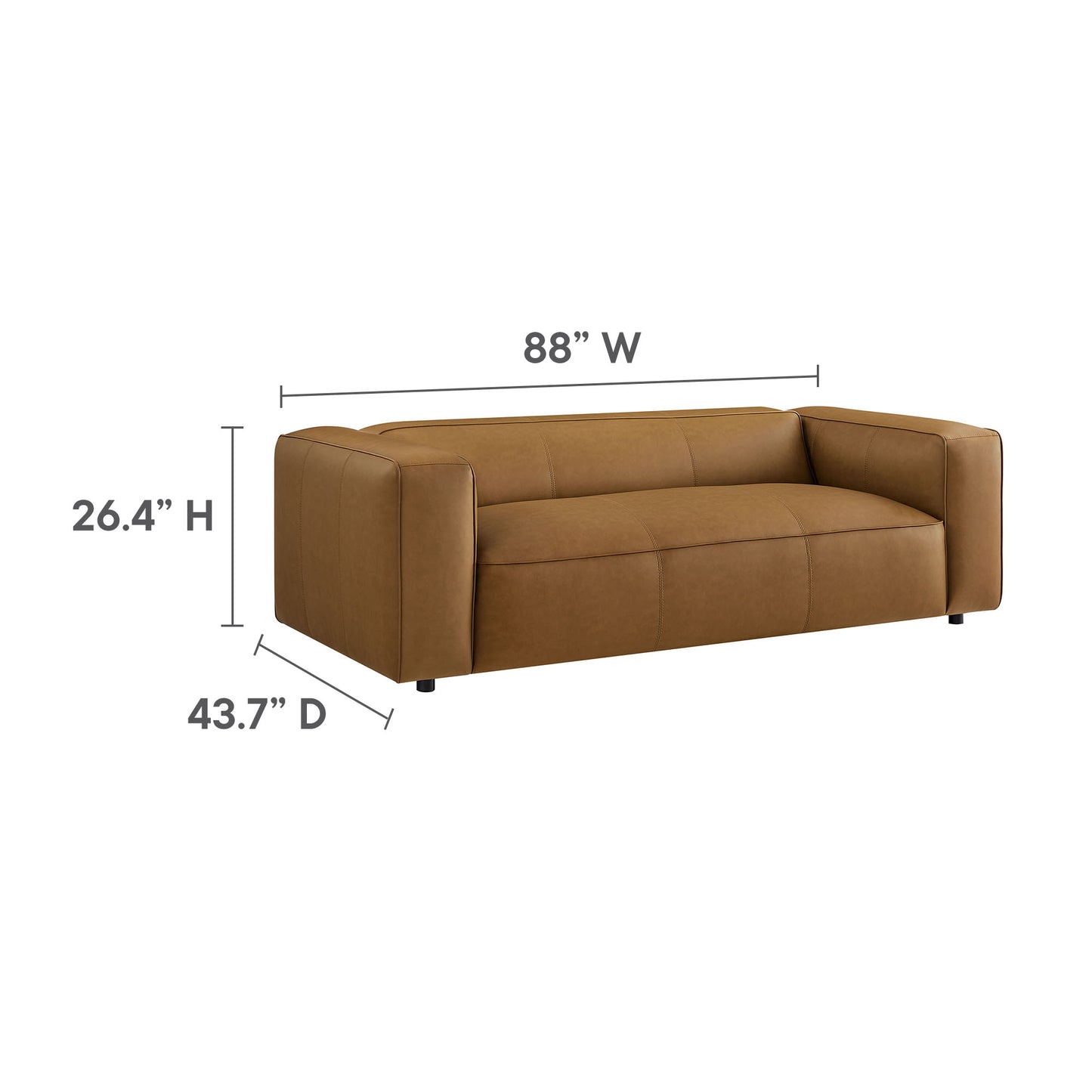 Brown vegan leather sofa with wide square arms, tufted cushions, low back, 88" W x 26.4" H x 43.7" D.