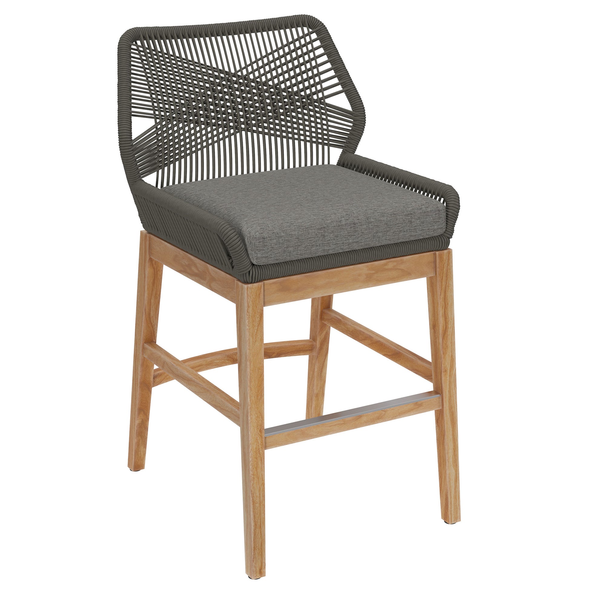 Grey cushioned counter stool with black woven rope backrest & teak wood frame and a footrest.