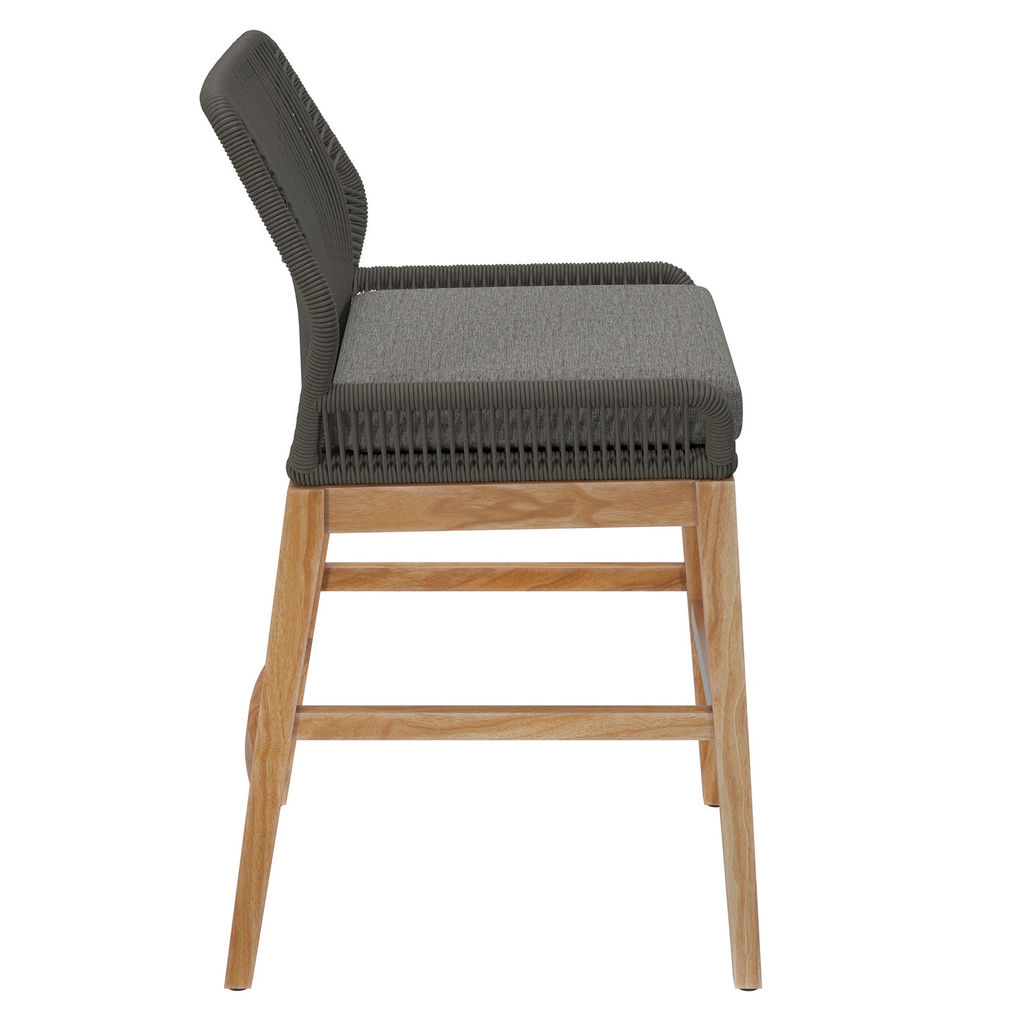 Gray woven rope bar stool with cushioned seat, dark gray wicker back, and natural wood legs.