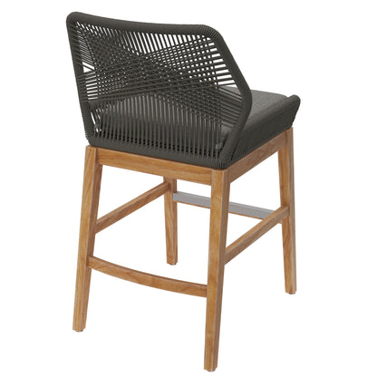 Dark gray woven rope counter stool with natural wood legs, gray padded seat, curved backrest, and metal footrail.