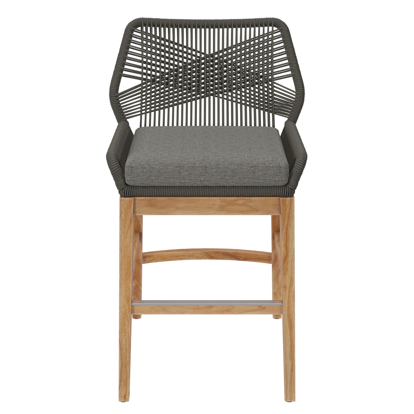 Gray woven rope back counter stool with gray cushioned seat, teak legs & metal footrest.