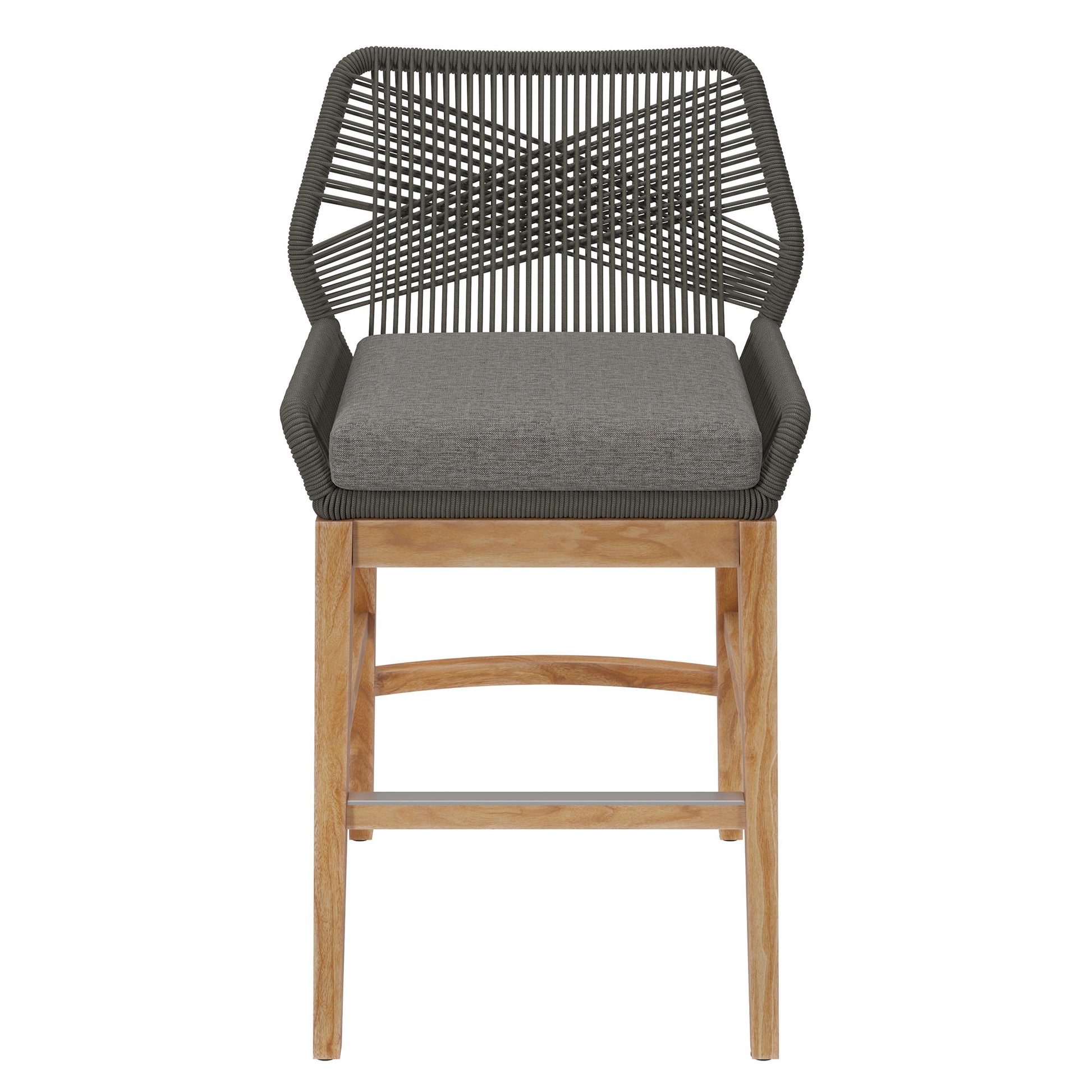 Gray woven rope back counter stool with gray cushioned seat, teak legs & metal footrest.