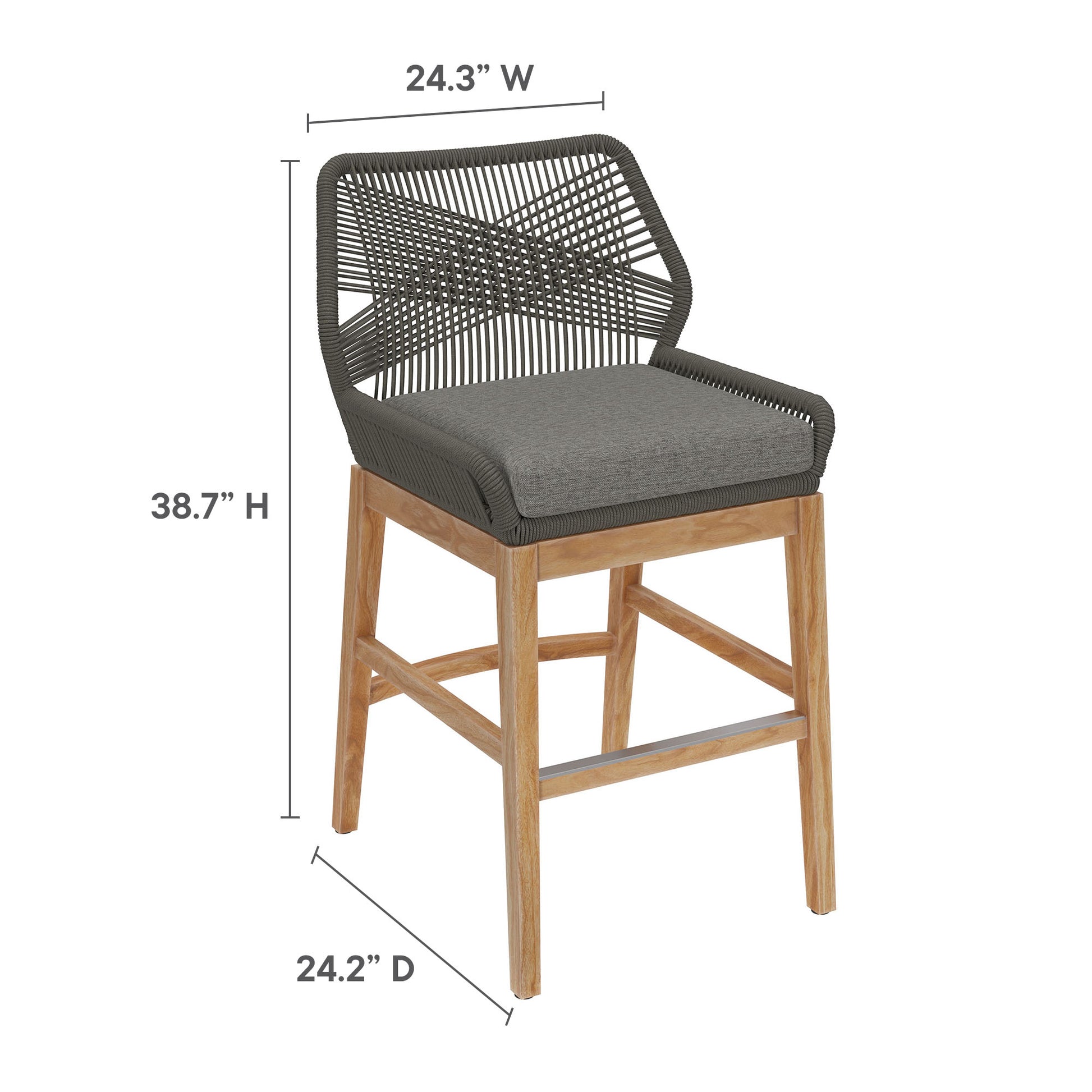Counter stool with teak legs and dark gray rope back, charcoal cushion; dimensions 24.3W x 38.7H x 24.2D