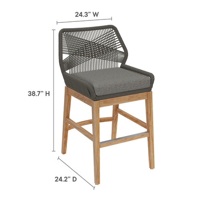 Counter stool with teak legs and dark gray rope back, charcoal cushion; dimensions 24.3W x 38.7H x 24.2D