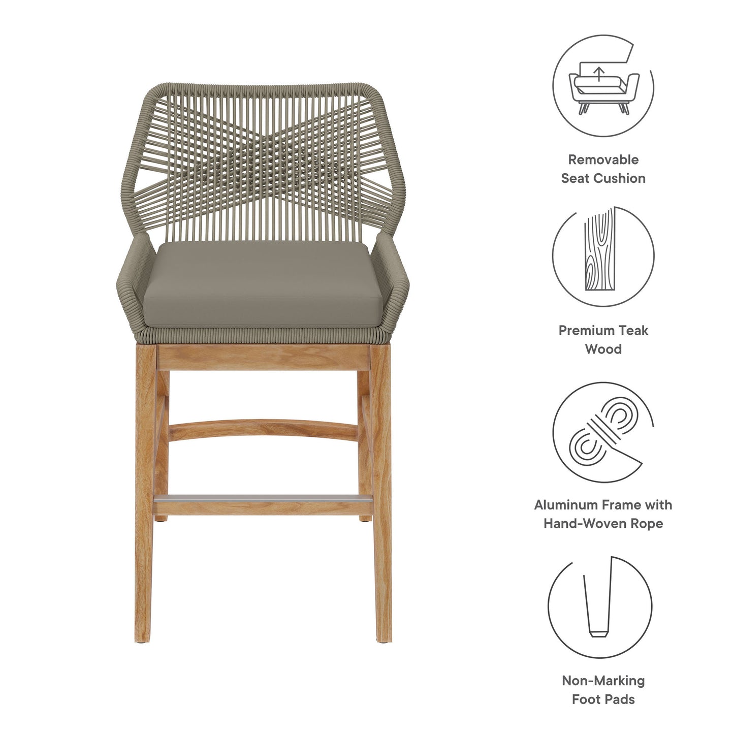 Modway - Wellspring Outdoor Patio Teak and Rope Counter Stool by Modway  Outdoor Furniture Bar and Dining Gray - EEI-7126-LGR-GRG