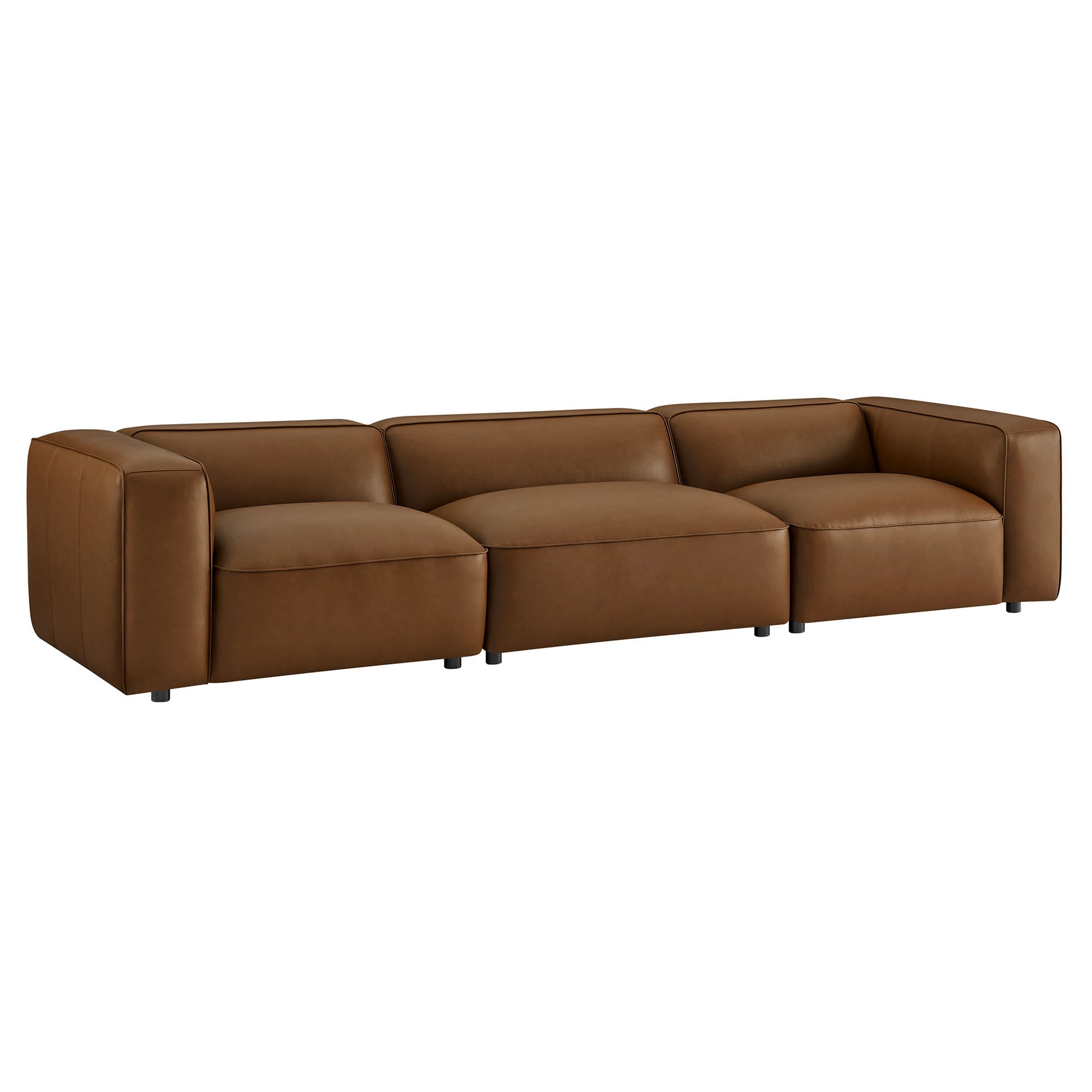 Brown vegan leather sectional sofa with three connected seats, square arms, and slim metal legs.