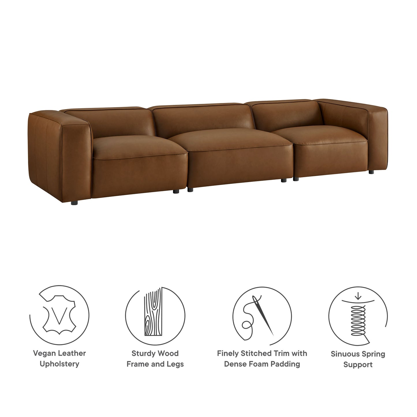 Brown vegan leather 3-piece modular sofa with chunky rectangular arms, wood frame & legs, dense foam padding.