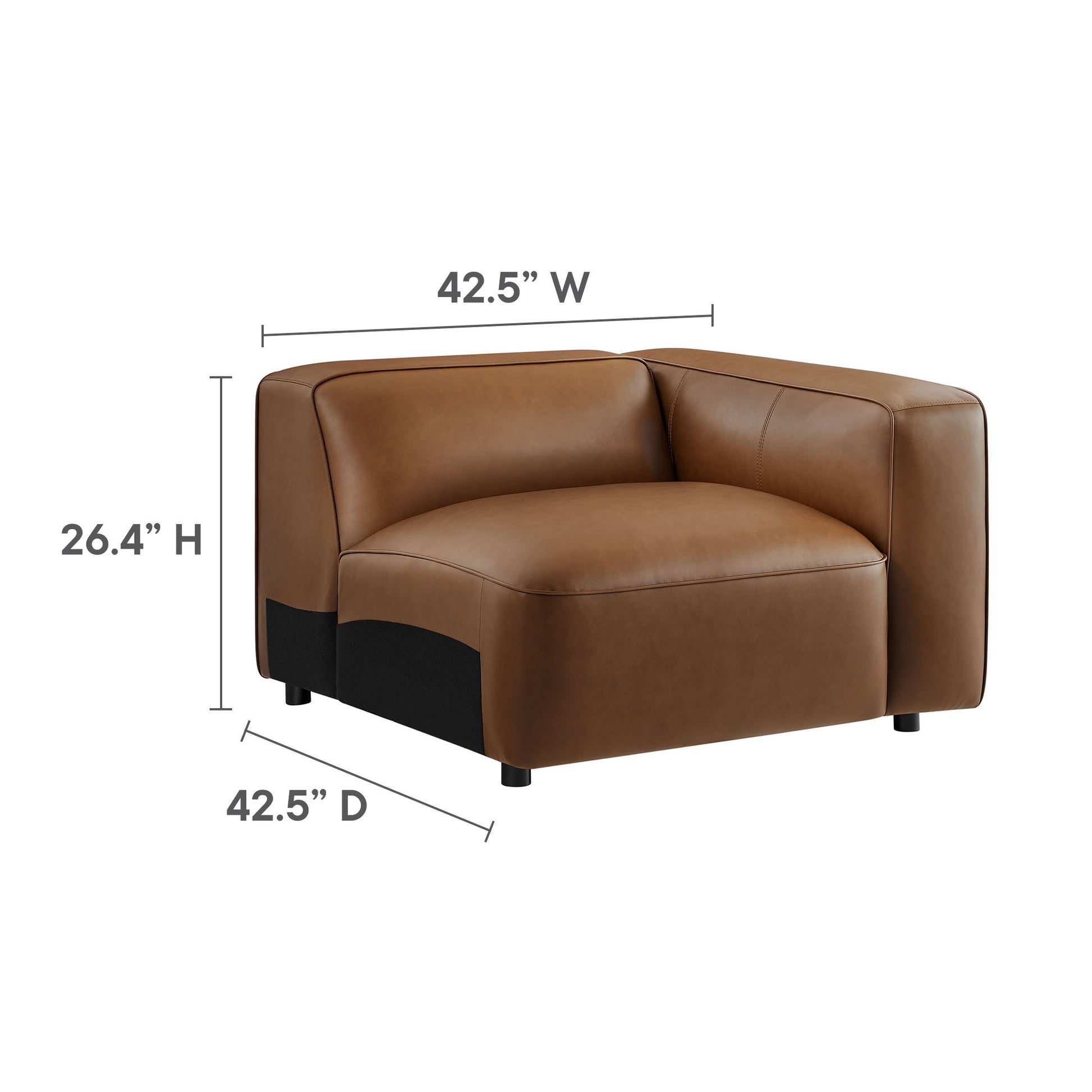 Cognac brown leather lounge chair with rounded arms & black base; modern compact seating (42.5W x 42.5D x 26.4H).