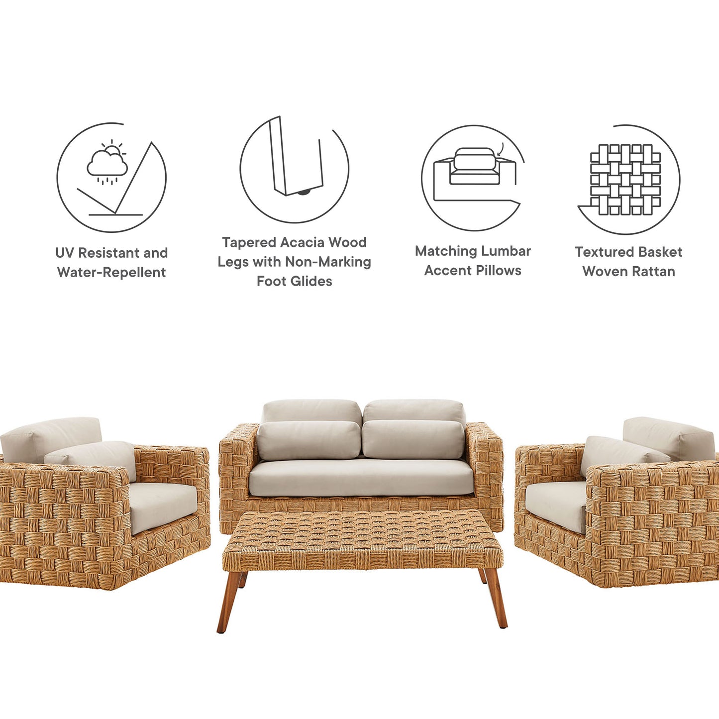 Modway - Thames 4-Piece Outdoor Patio Wicker Outdoor Patio Rattan Furniture Set by Modway  Outdoor Furniture Sofa Sectionals Gray - EEI-7135-NAT-LGR