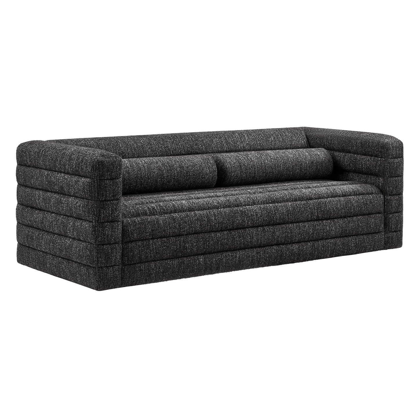Charcoal textured fabric sofa with chunky channel-stitched arms, three-seat cushions, modern low-profile design.
