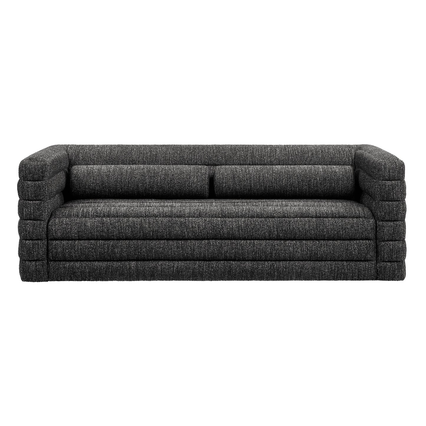 Charcoal gray boucle upholstery sofa with channel tufting and oversized block arms, two-seat cushions, and a low-profile modern lounge.