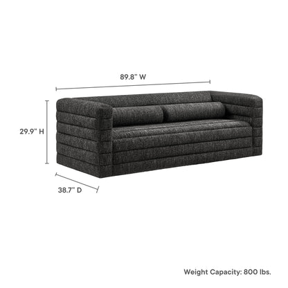 Charcoal gray fabric sofa with rounded arms and horizontal channel tufting; 89.8"W x 29.9"H x 38.7"D; modern casual.