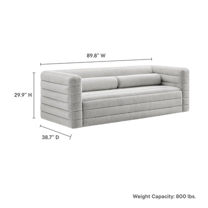 Light gray boucle upholstered sofa with channel-tufted back and plush cushions; 89.8W x 29.9H x 38.7D, modern style
