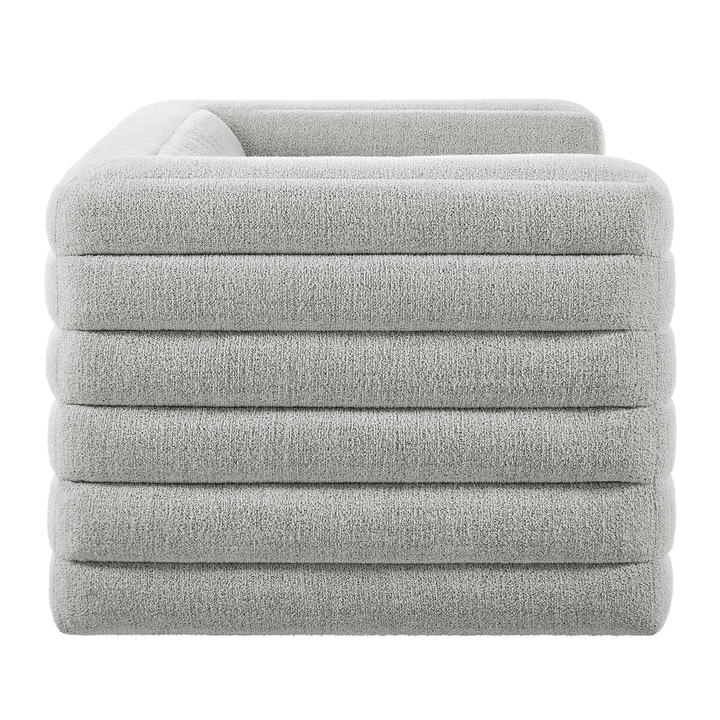 Gray boucle channel-tufted loveseat with plush upholstered seating.