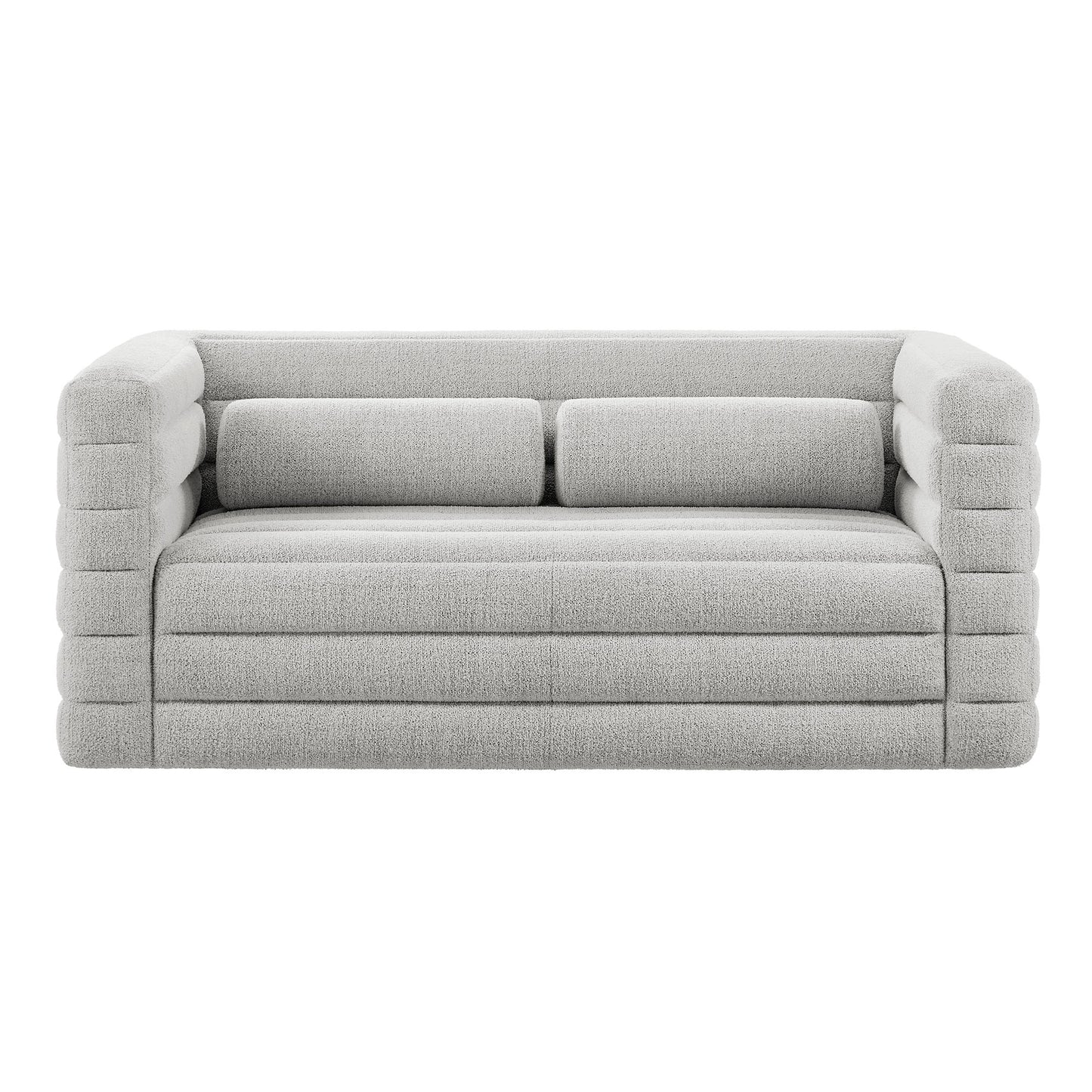Light gray boucle upholstered loveseat with chunky ribbed tubular arms, two back cushions, channel tufting, modern contemporary style.
