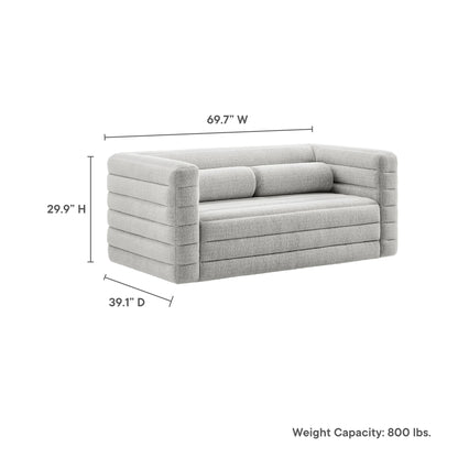 Light gray fabric loveseat with cushioned ribbed sides and rounded arms; modern lounge style, 69.7W x 39.1D x 29.9H.