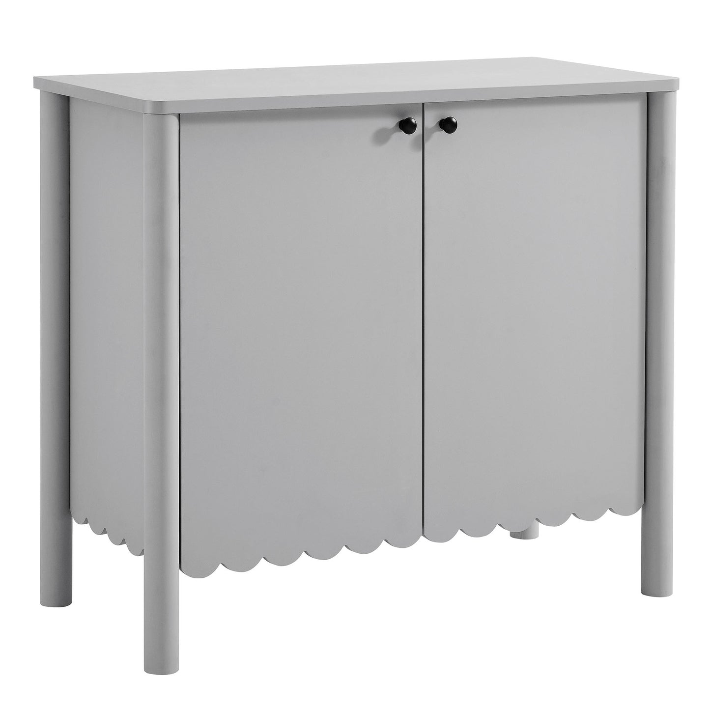 Gray cabinet with two doors, black knobs, scalloped apron, and cylindrical legs.