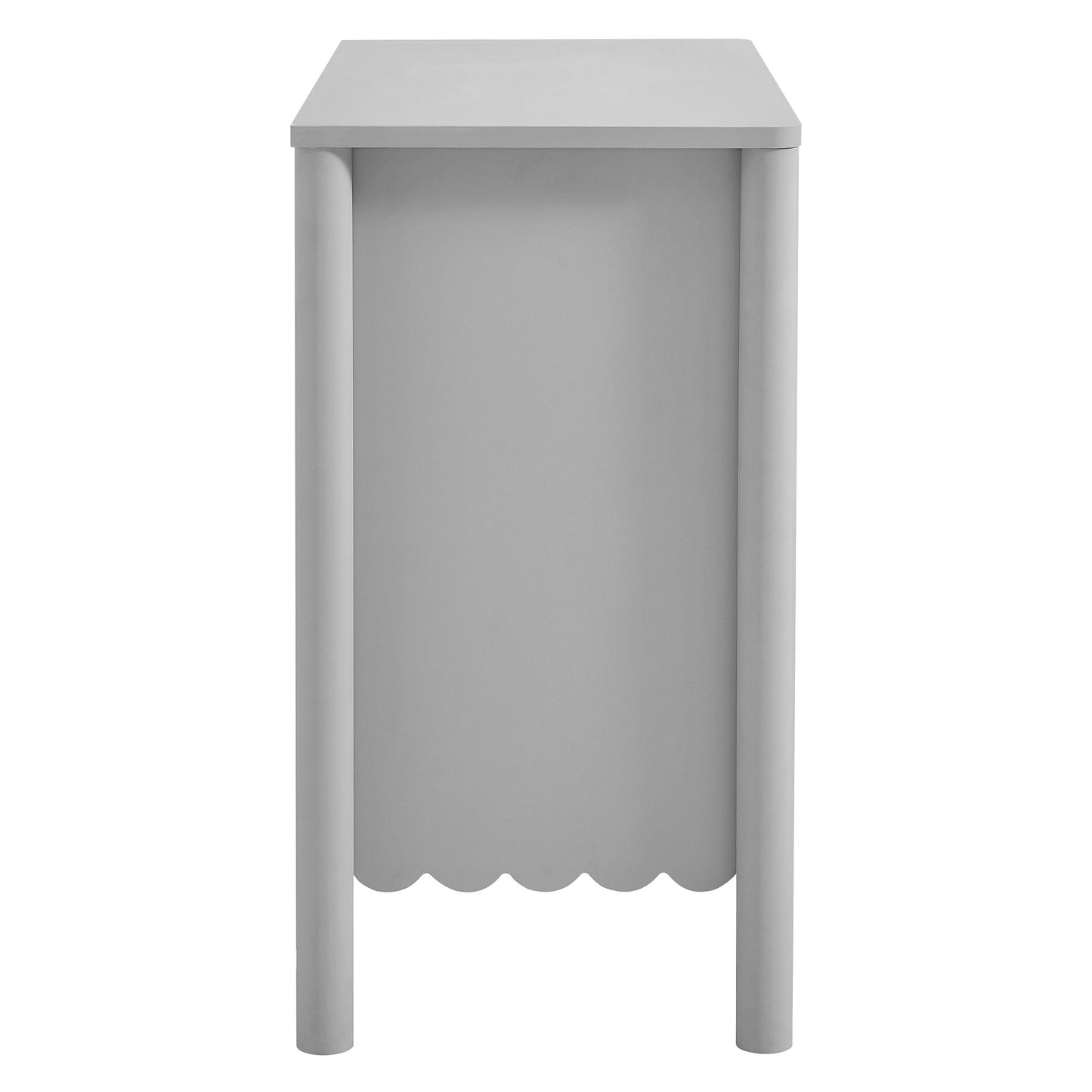 Light gray sideboard cabinet with two doors and scalloped detailing.