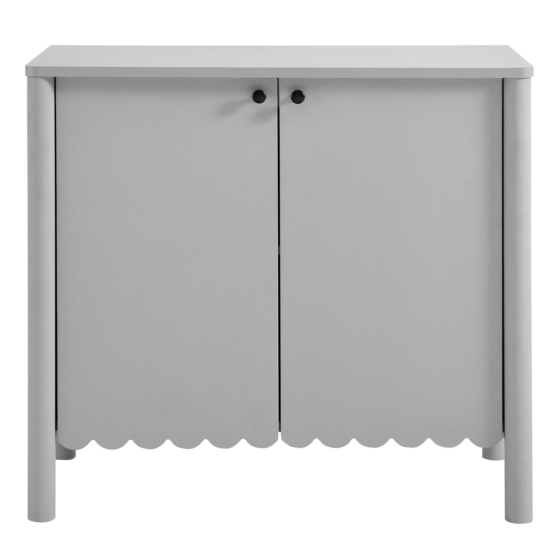 Gray cabinet with two doors, scalloped bottom edge, black knobs, rounded legs; versatile storage