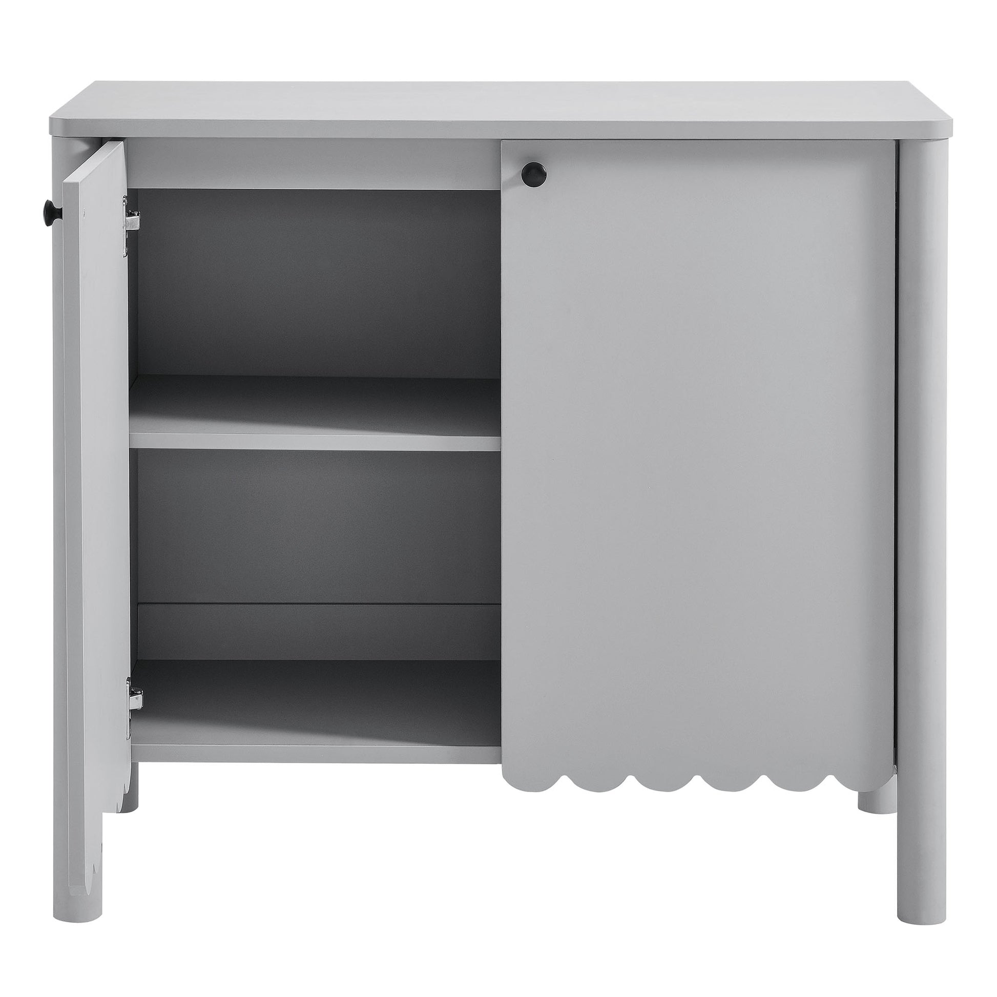 Gray wooden two-door scalloped sideboard cabinet on legs; left door open showing two shelves, right door with scalloped bottom and knob.