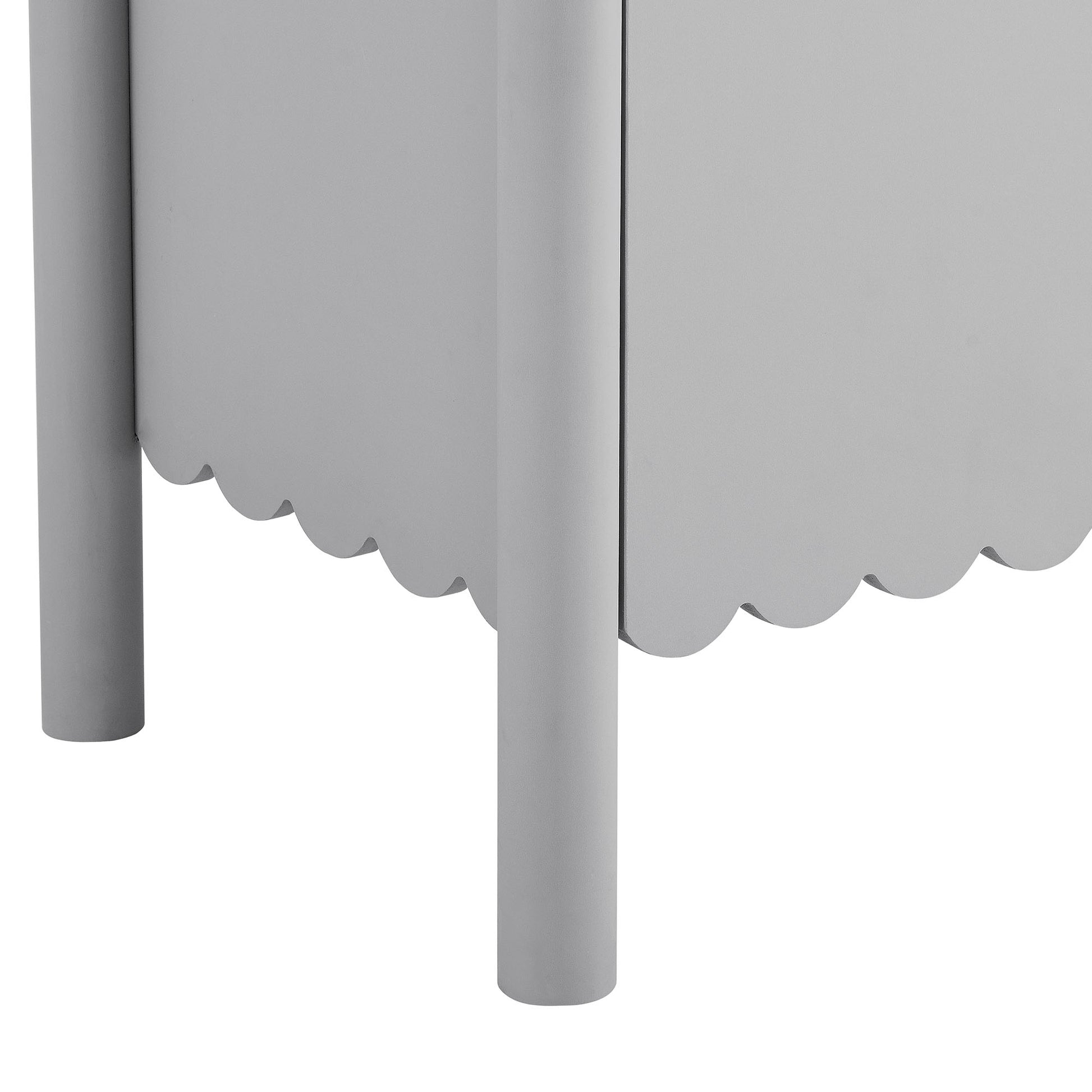 Gray scalloped-front sideboard cabinet with 2 doors and rounded cylindrical legs.