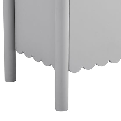 Gray scalloped-front sideboard cabinet with 2 doors and rounded cylindrical legs.