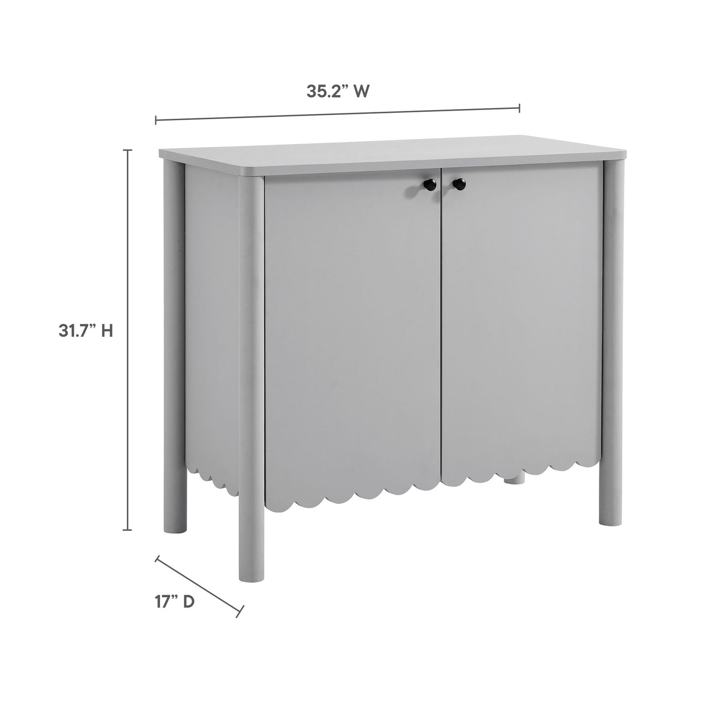 Gray wooden living room sideboard cabinet with two doors, scalloped apron, black knobs, rectangular top; 35.2W x 31.7H x 17D.
