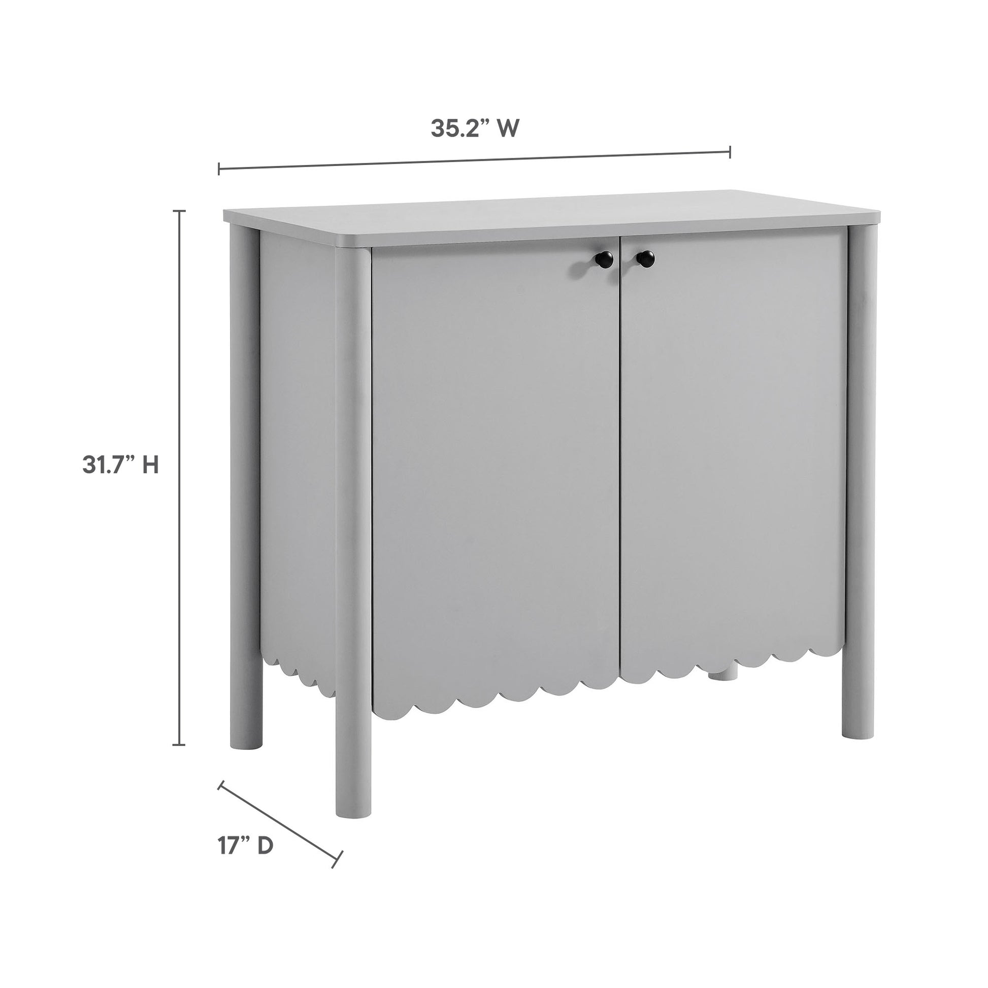 Gray wooden living room sideboard cabinet with two doors, scalloped apron, black knobs, rectangular top; 35.2W x 31.7H x 17D.