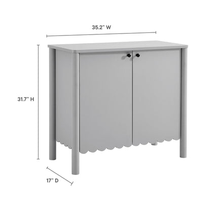 Gray wooden living room sideboard cabinet with two doors, scalloped apron, black knobs, rectangular top; 35.2W x 31.7H x 17D.