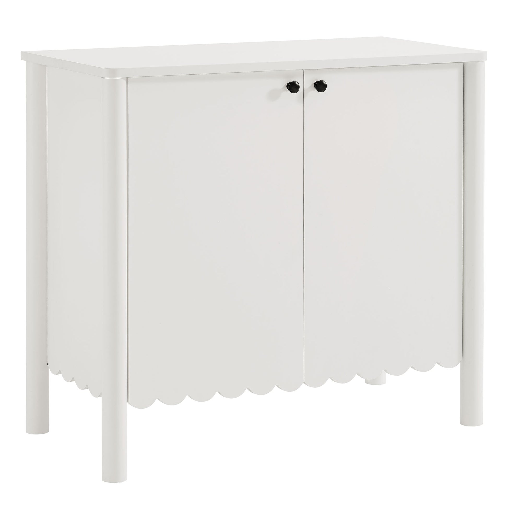 White wooden two-door sideboard cabinet with scalloped apron, black knobs and straight legs