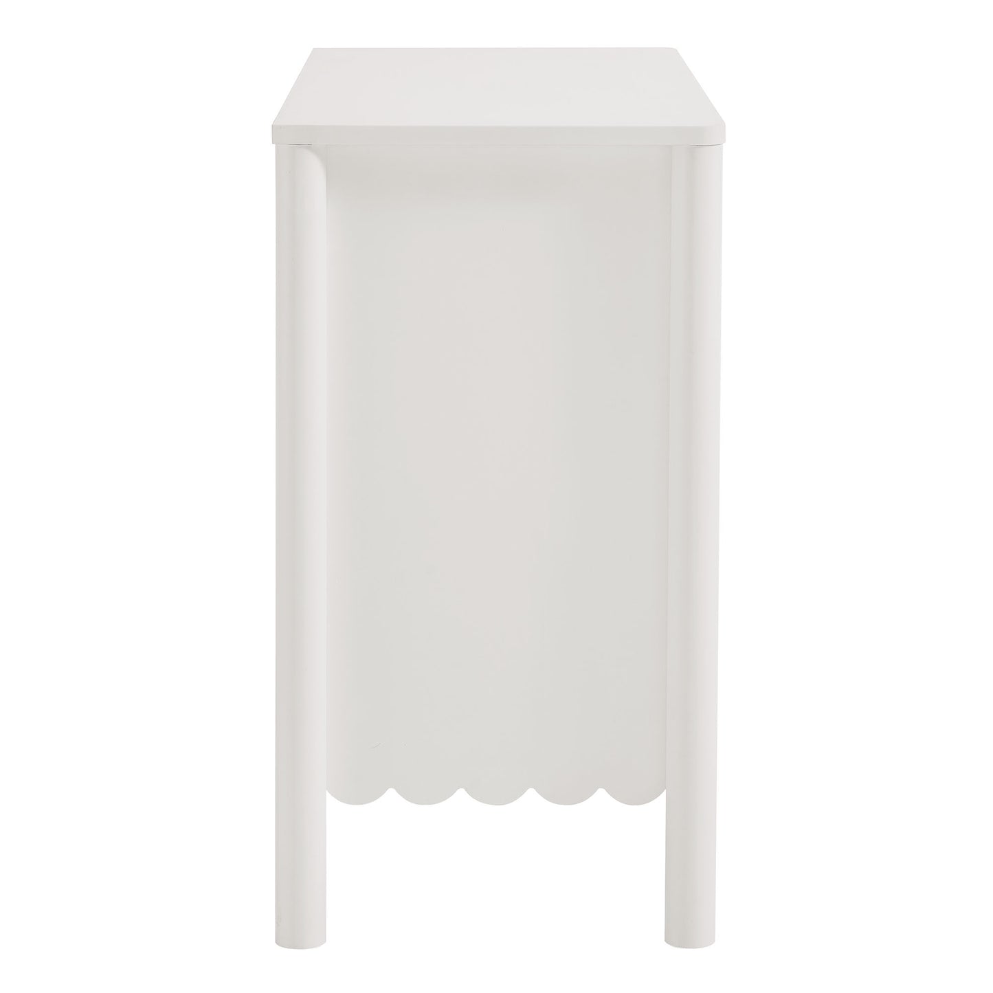 White scalloped 2-door sideboard cabinet with slim post legs, 35" wide.