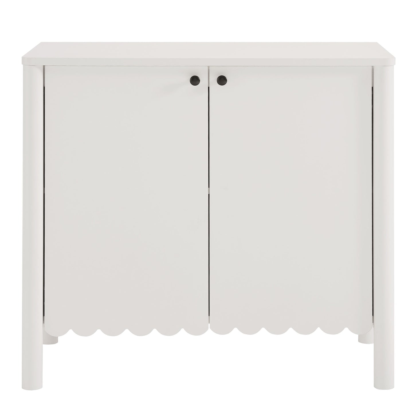 White wooden cabinet with two doors, scalloped bottom edge, and black round knobs for storage.