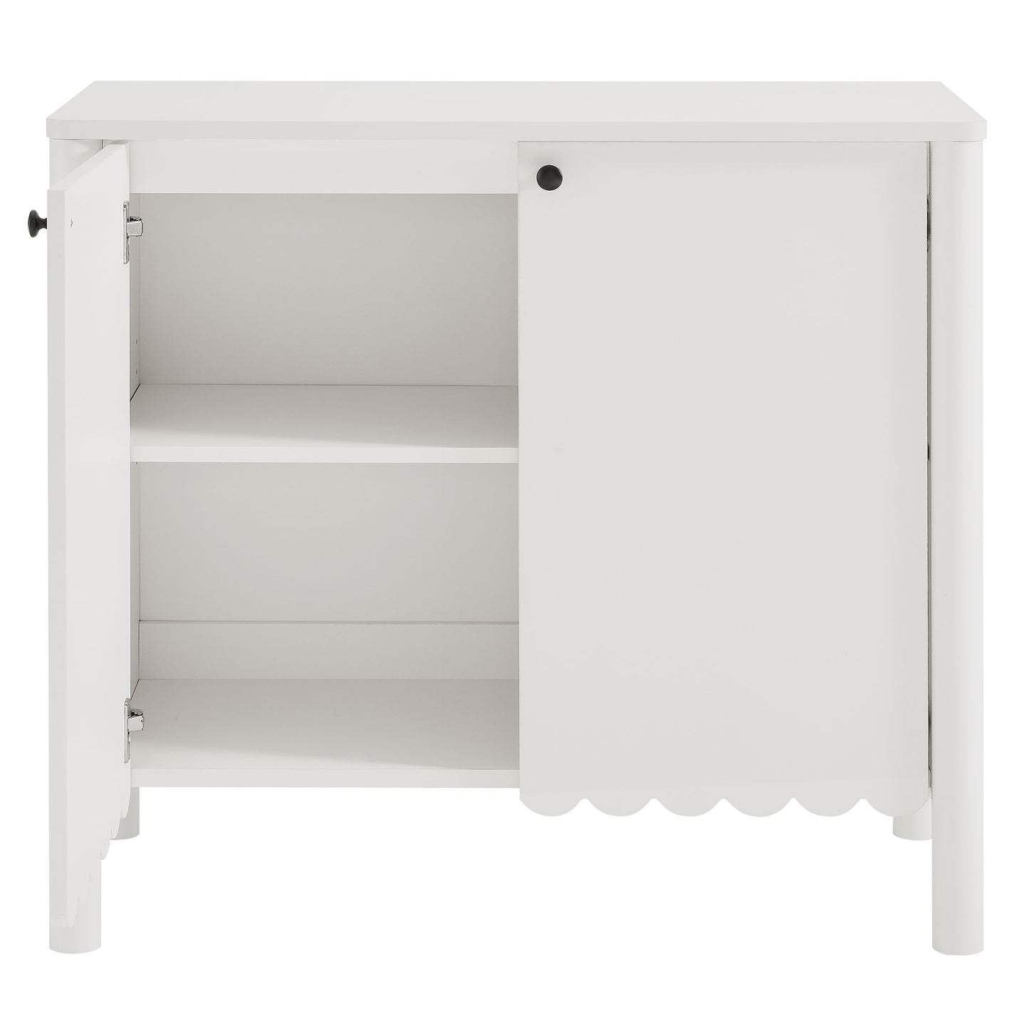 White wooden cabinet with two shelves; left door open, right door closed with scalloped bottom edge and knob.