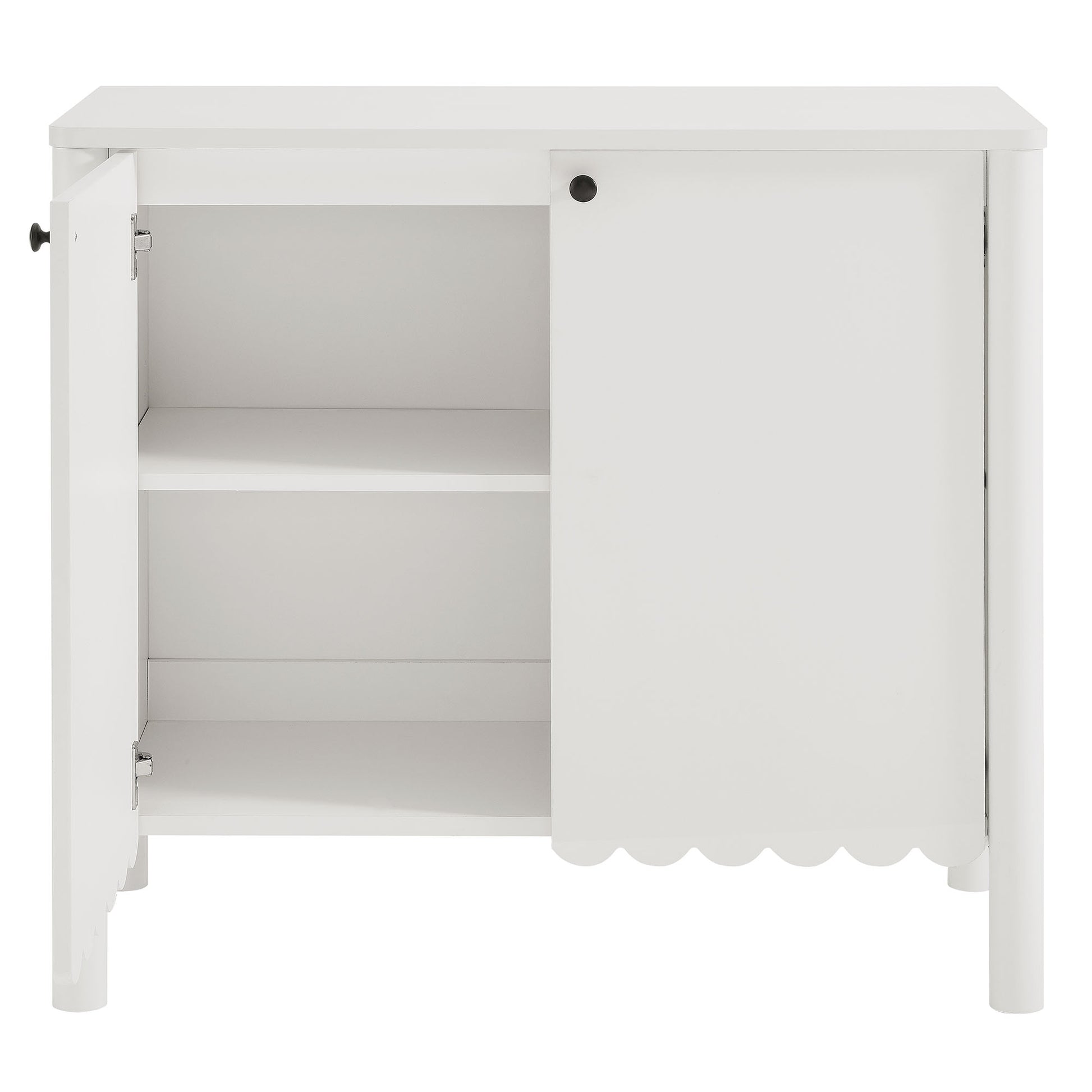 White wooden cabinet with two shelves; left door open, right door closed with scalloped bottom edge and knob.